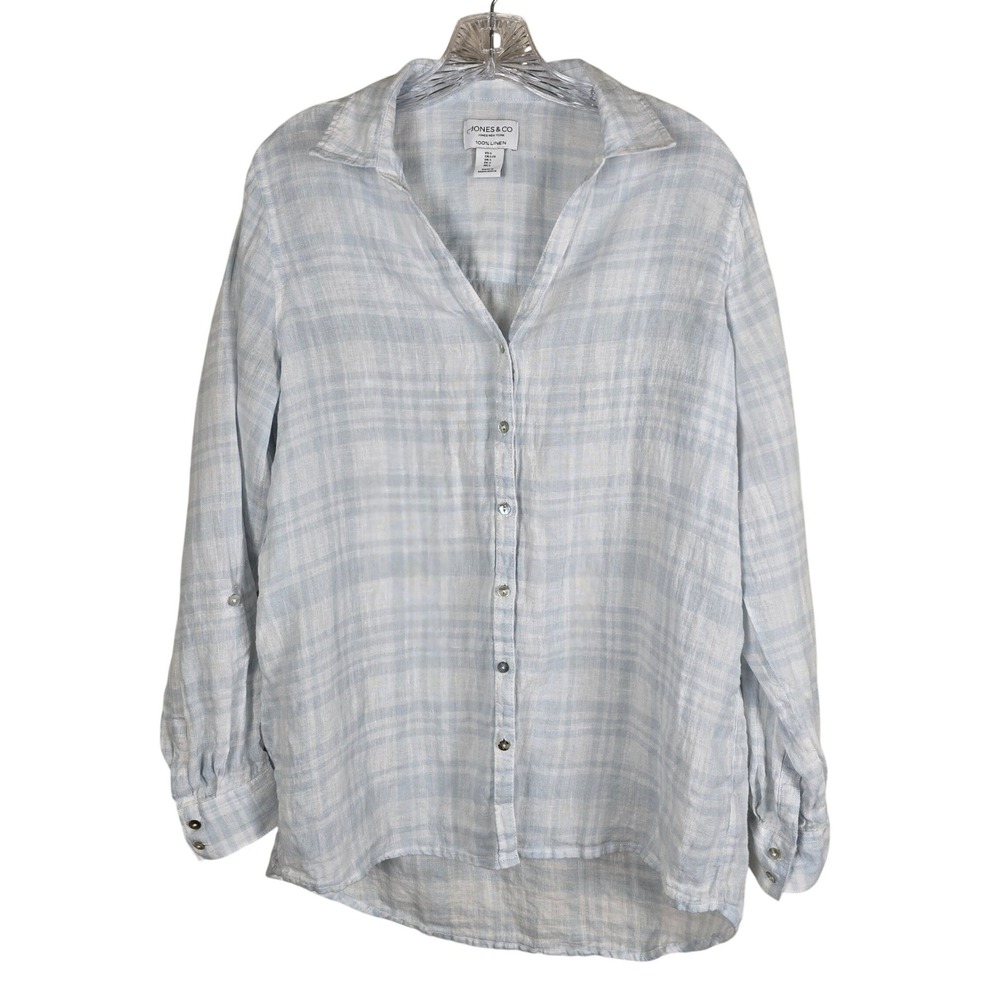 Jones & Co Jones New York 100% Linen Plaid‎ Button Down Shirt Blue White Large
